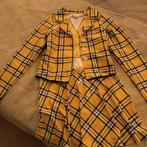 Yellow Plaid Button-Up Jacket and Skirt Set